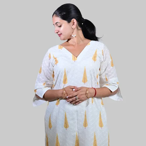 White with yellow hand block kurti